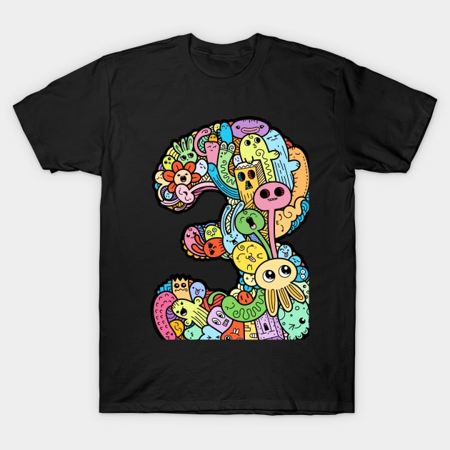 Number 3 three - Funny and Colorful Cute Monster Creatures T-Shirt by funwithletters